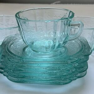 Vintage Indiana Glass Federal Madrid Recollection Teal Aqua Cup Saucer Set Of 5